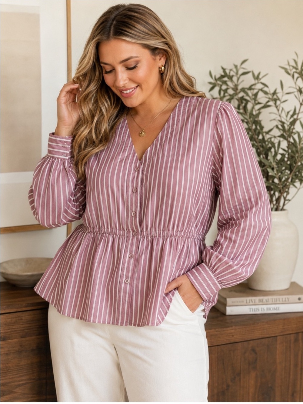Liz Claiborne Mauve Stripe Peplum Cotton Blouse XL Cottagecore Boho Classic EUC